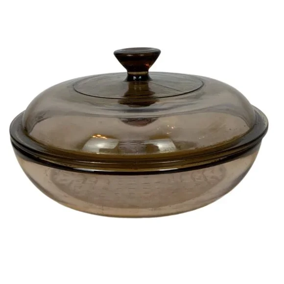 Vintage Vision Corning 7 inch Amber Glass Skillet Waffle Bottom Pyrex Lid - Picture 5 of 9